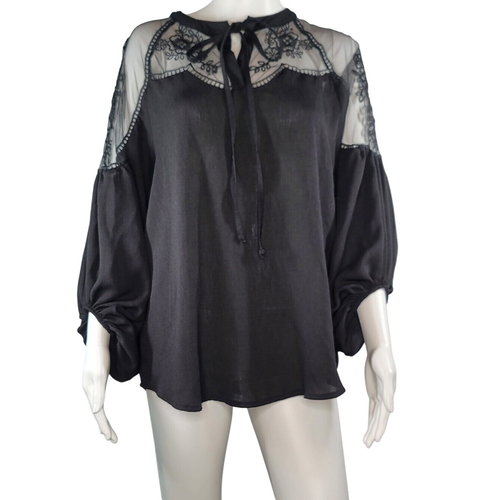 Black Lace Yoke Tie-Neck Boho Peasant Blouse